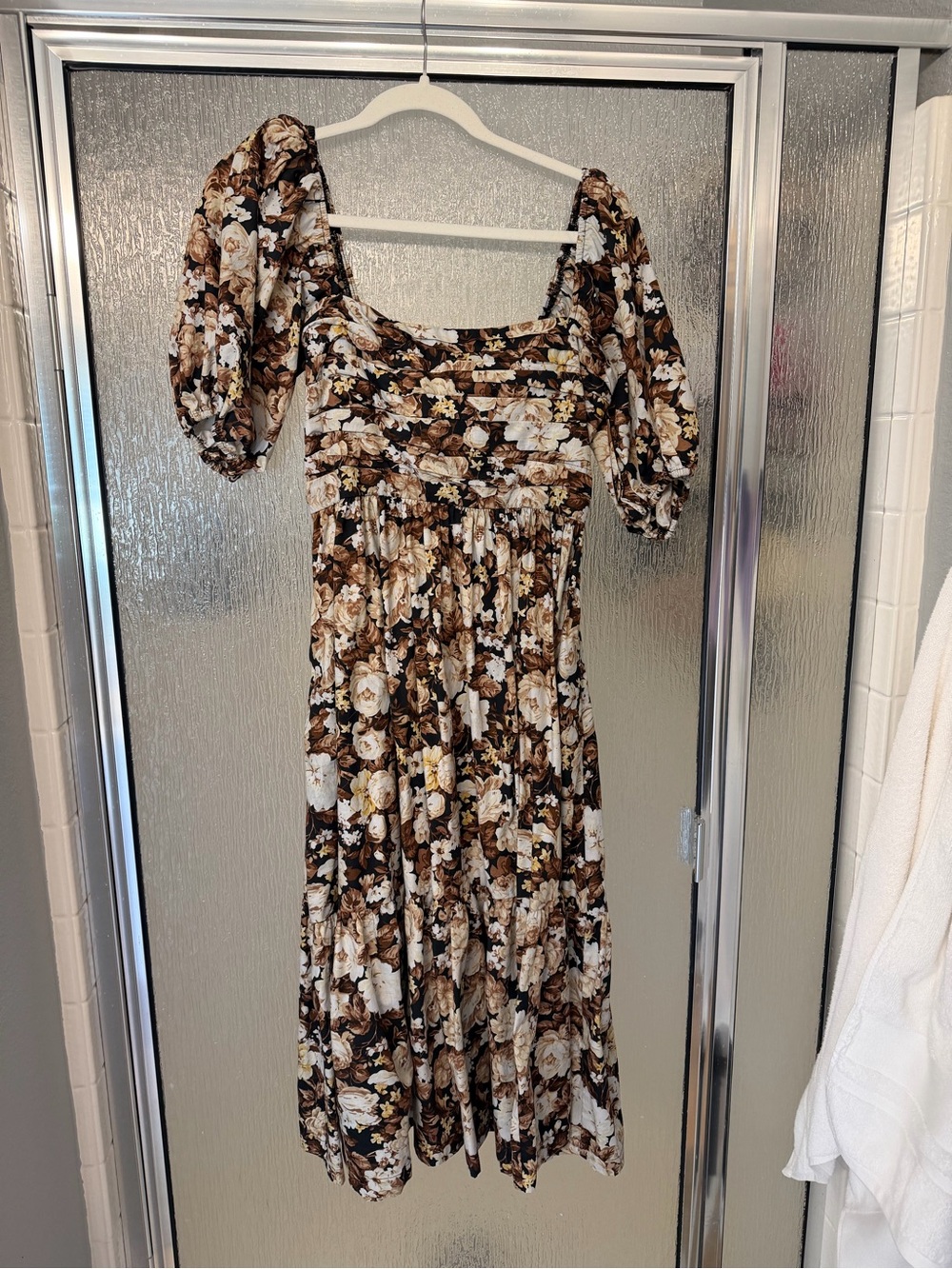 Abercrombie Floral Puff-Sleeve Midi Dress in Brown